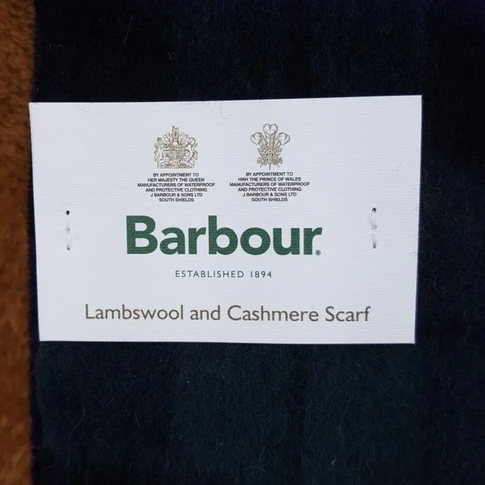 BARBOUR Mens Scarf Blue Green Tartan Plaid Blackwatch Fringe Lambswool Cashmere
